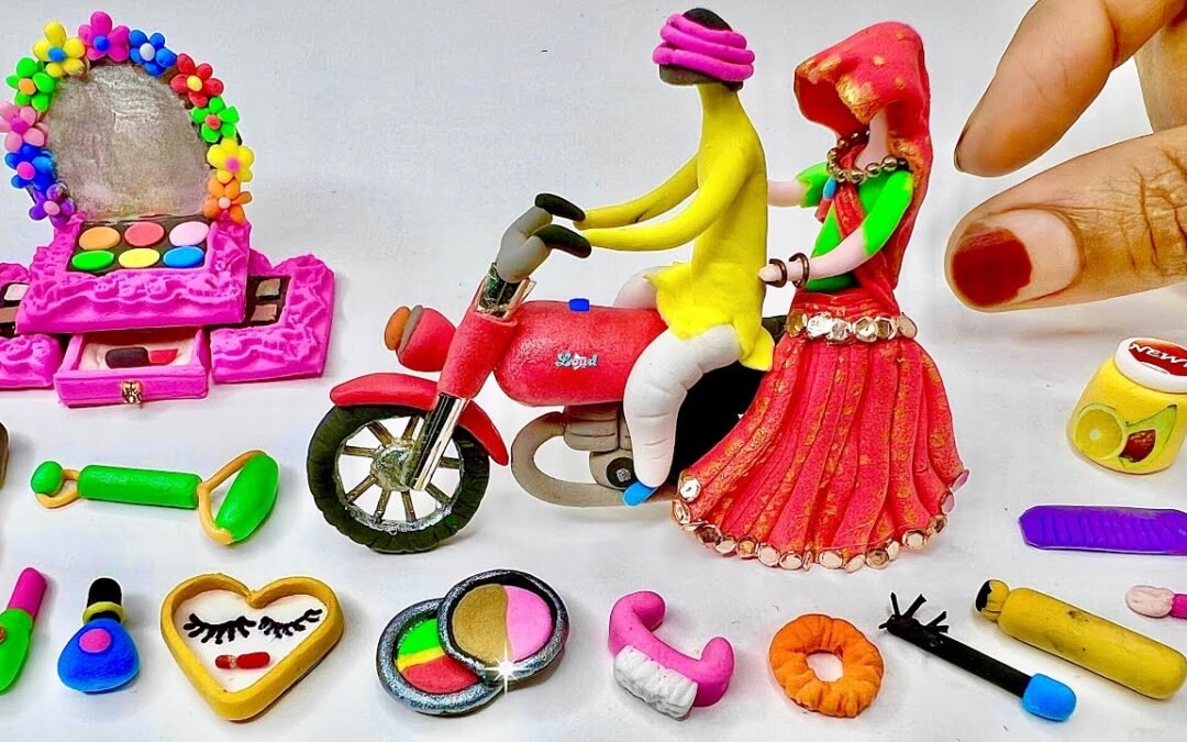DIY How To Make Polymer Clay Miniature Makeup set, Eyeshadow, Lipstick, Bride Groom on Bicycle | Diy